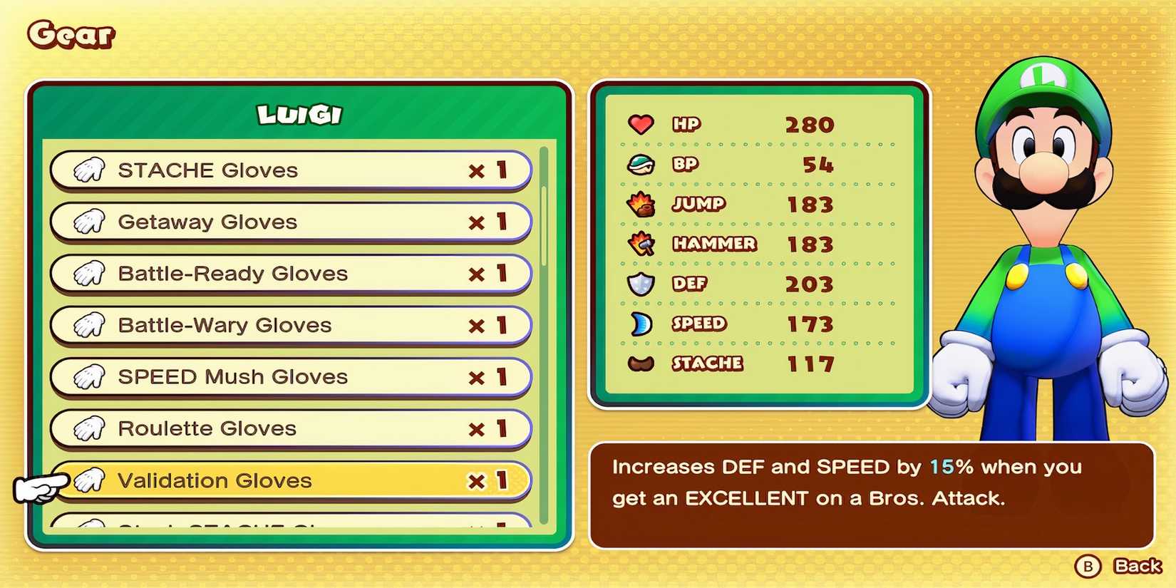 Validation Gloves accessories in Mario & Luigi Brothership