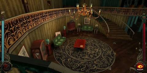 A spiraling staircase with a golden chandelier overlooking a lounge area