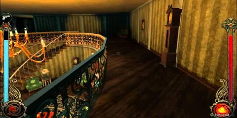 A long landing with a spiral staircase and a grandfather clock