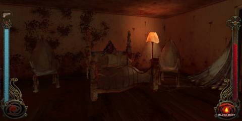 A bedroom with blood on the walls and ruined furniture