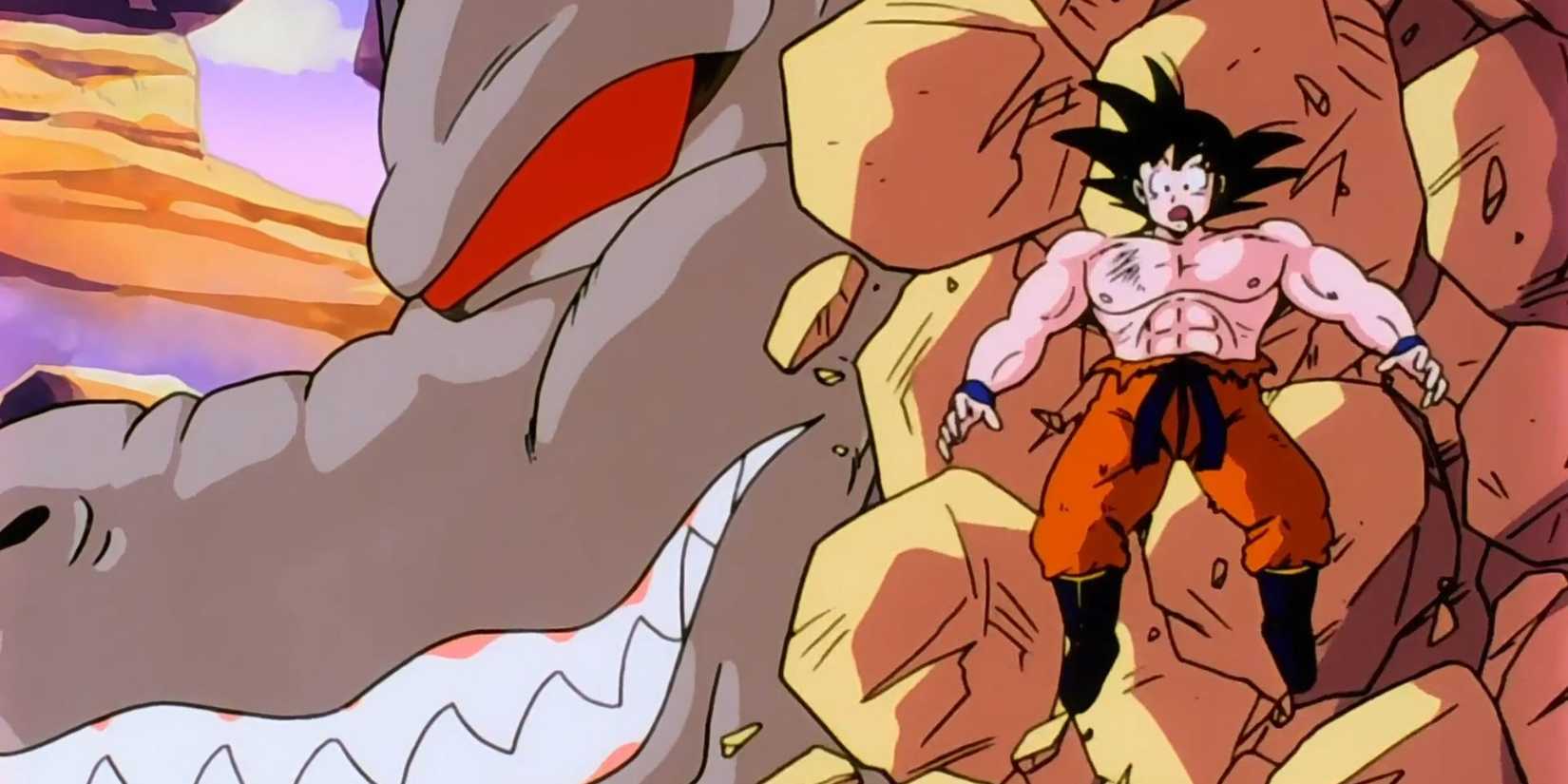 Goku tries to hide behind a mountain from Vegeta in his great ape form, only for Vegeta to smash the mountain