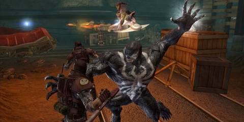 Venom and Green Goblin fighting enemies in Marvel Ultimate Alliance 2