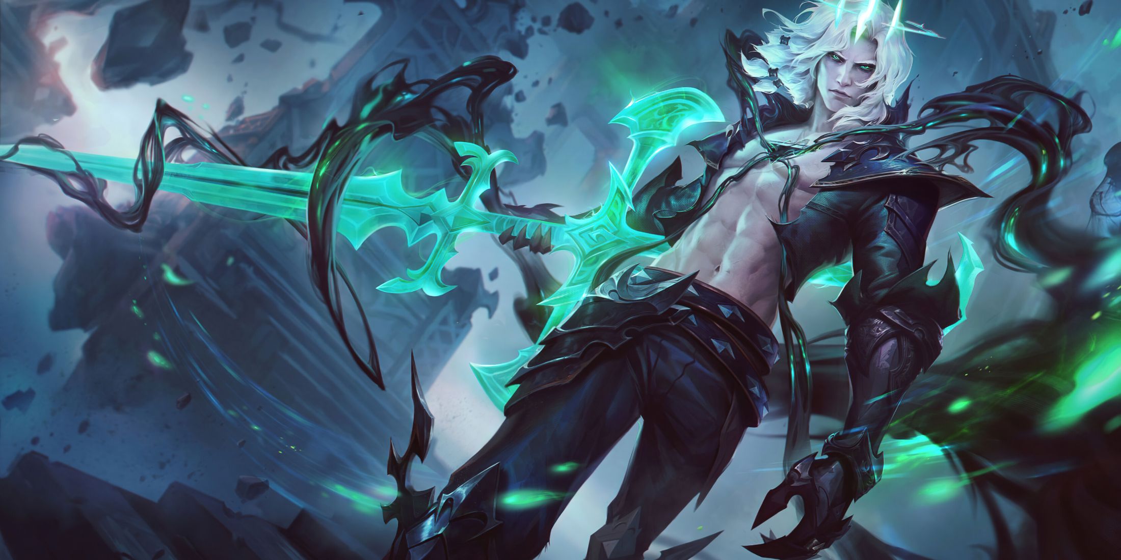 Viego is hidden in the dark fog and holds a cursed blade in the shadow isles of League of Legends.