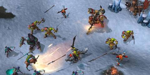  Orcs and other characters clashing in a snowy landscape in Warcraft III: Reforged