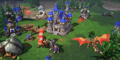 Alliance castle guarded by gryphons and dragons in Warcraft III: Reforged