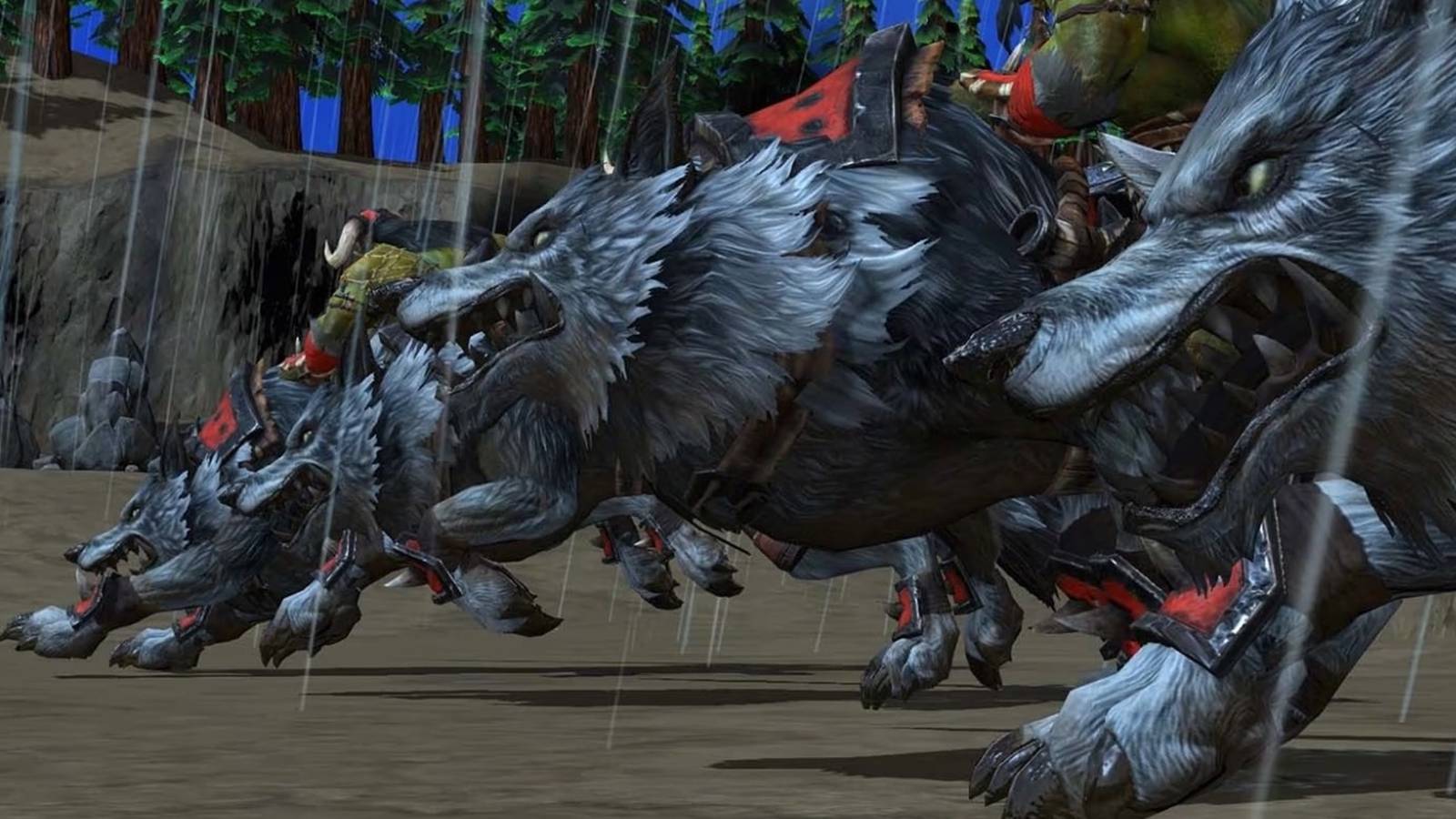 Orc warriors charging on dire wolves in Warcraft III: Reforged