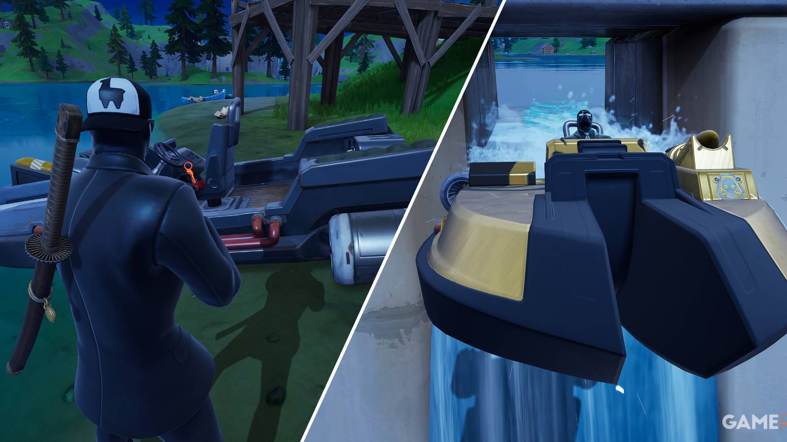Split-image showcasing the Motorboat in Fortnite