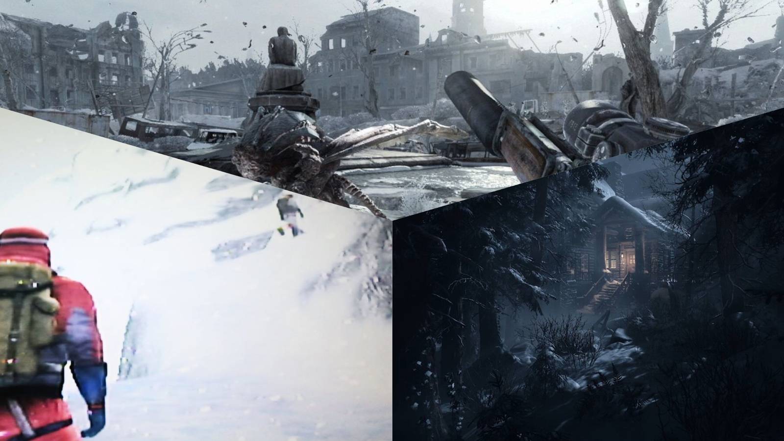 3 Way Split Image Depicting Cursed Mountain Metro:2033 And Until Dawn