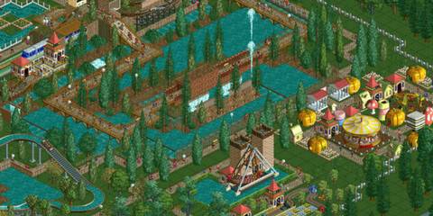 Wooden roller coaster winding through trees and waterfalls in RollerCoaster Tycoon