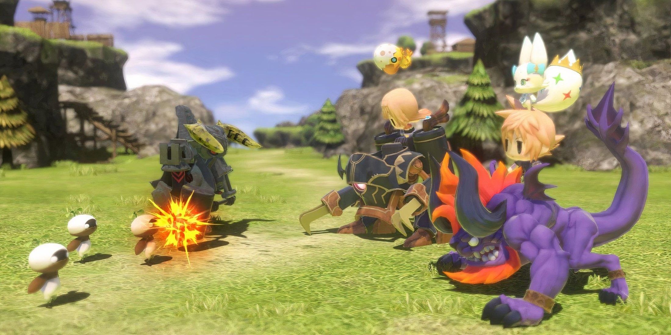 World Of Final Fantasy Fighting a battle in a grassy field 