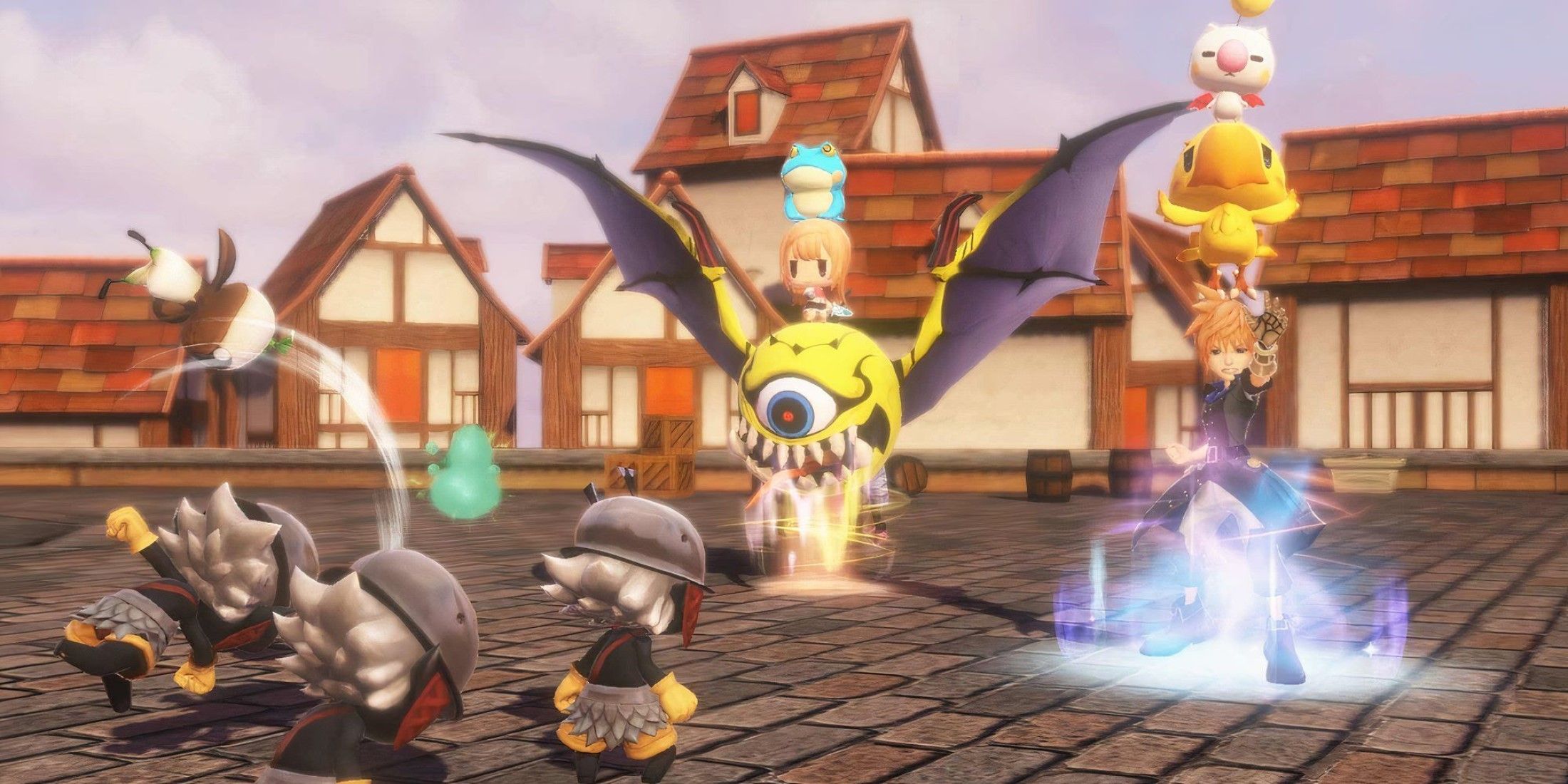 World Of Final Fantasy Fighting a battle in a village 