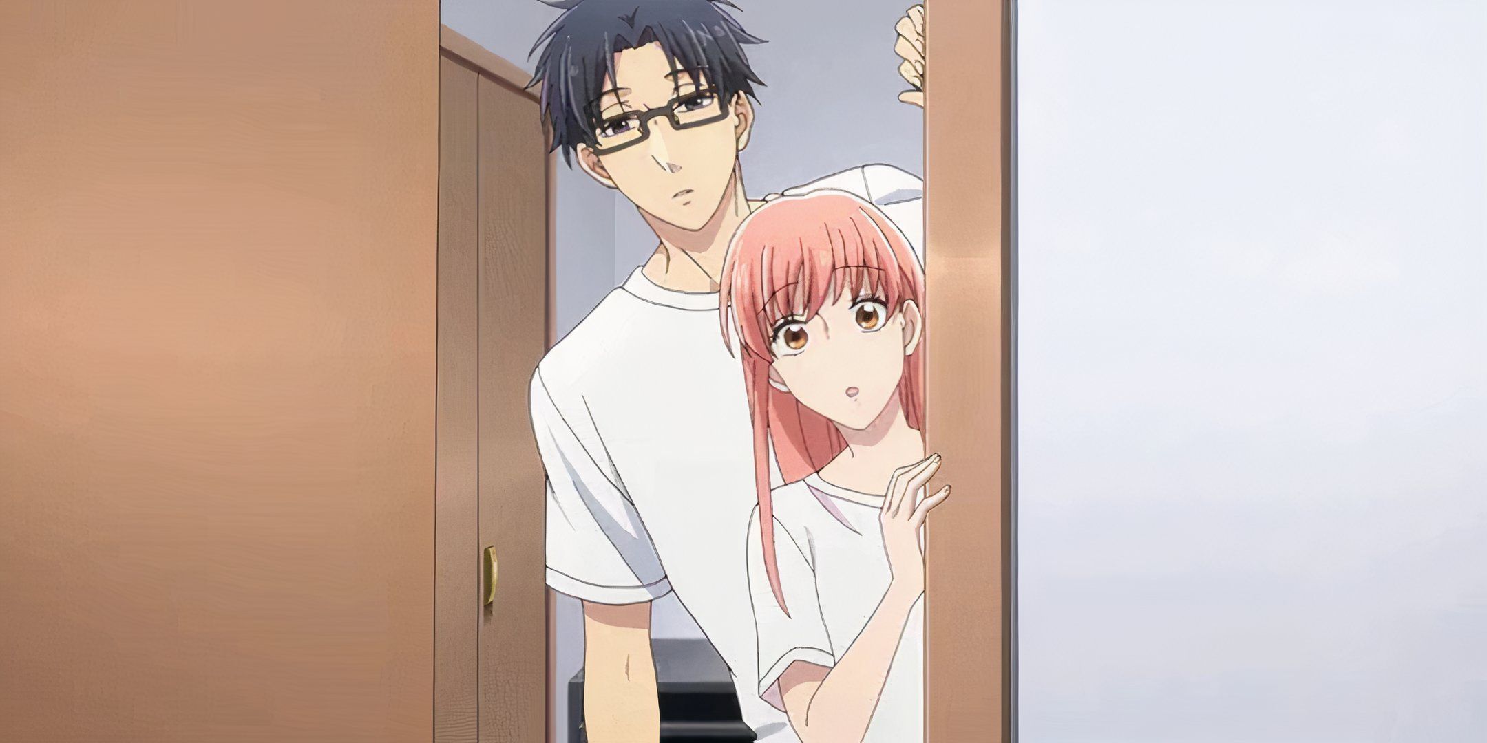 Two characters looking through a door in Wotakoi