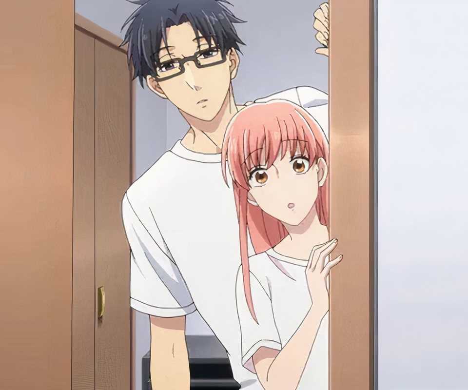 Two characters looking through a door in Wotakoi