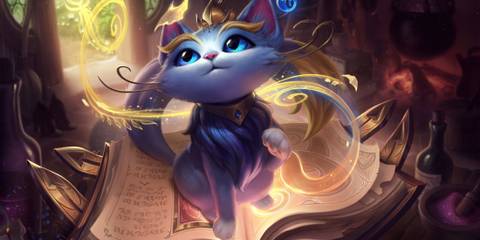Yuumi floating atop a magical book, from Bandle City in League of Legends