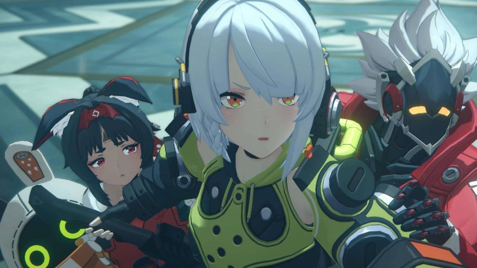 A screenshot from Zenless Zone Zero showing Bangboo, Nekomata, Anby, and Billy.