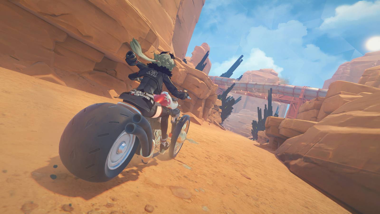 An image from Zenless Zone Zero of playable character Caesar riding her motorcycle.