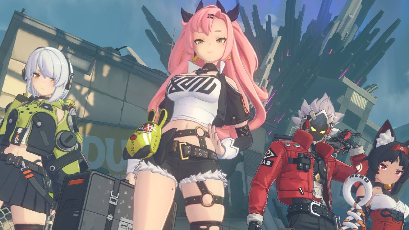 A screenshot from Zenless Zone Zero showing Anby, Nicole, Billy, and Nekomata.