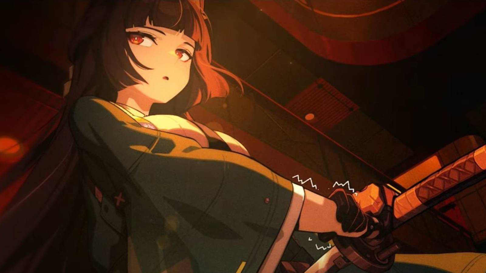 zenless zone zero hoshimi miyabi holding her wrist and sword