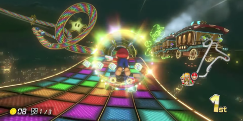 Jumping Through a Speed Ring on Rainbow Road in Mario Kart 8