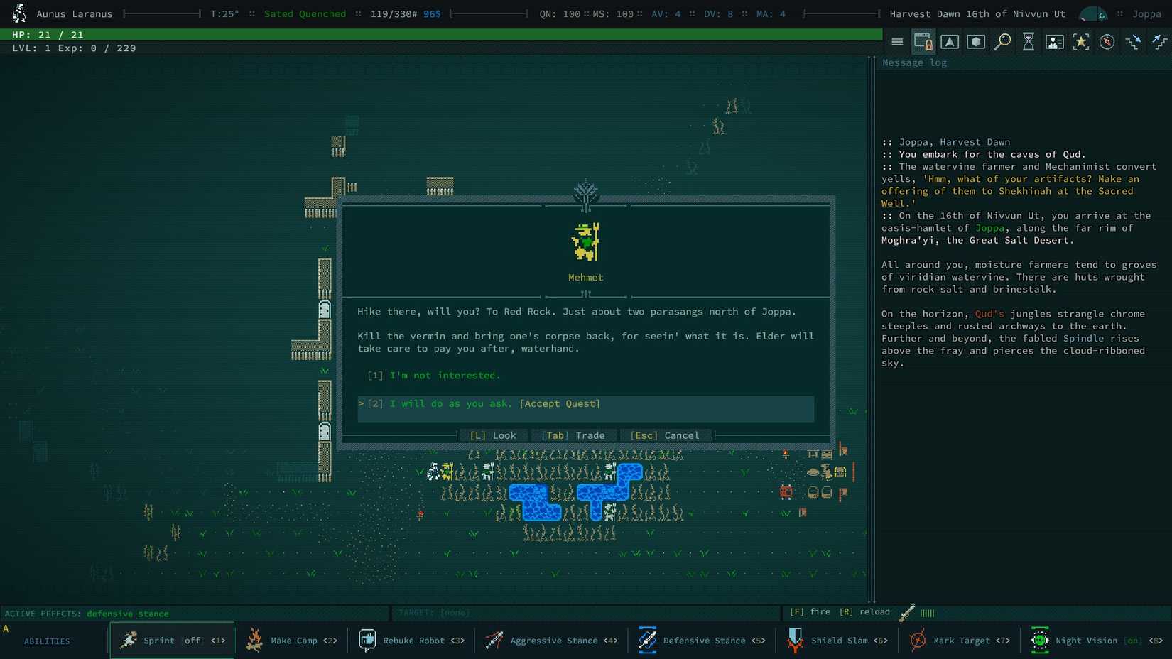 Accepting a quest from Mehmet in Caves of Qud