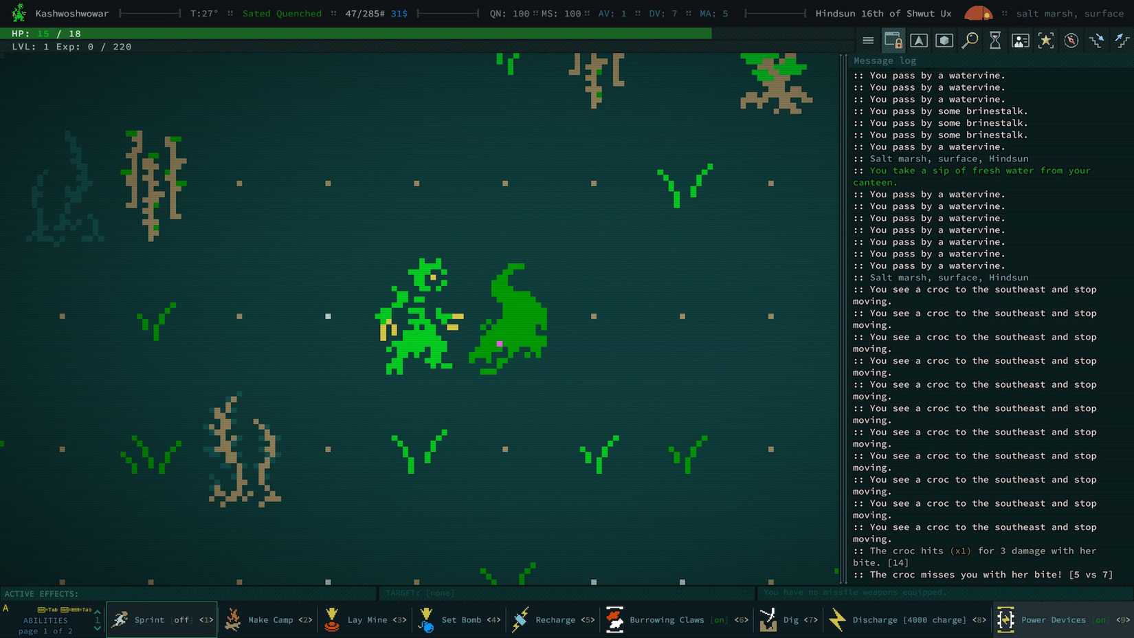 Fighting a croc in Caves of Qud