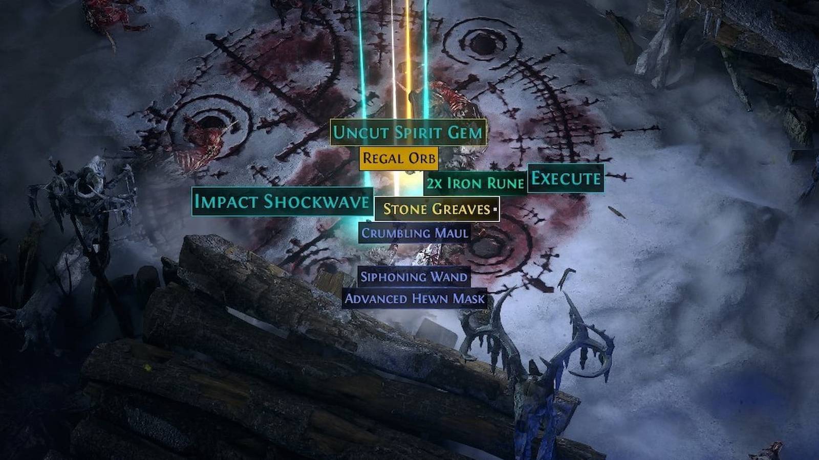 A filtered loot pile in PoE 2