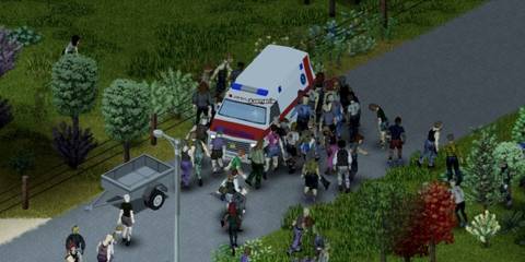 A swarmed ambulance in Project Zomboid