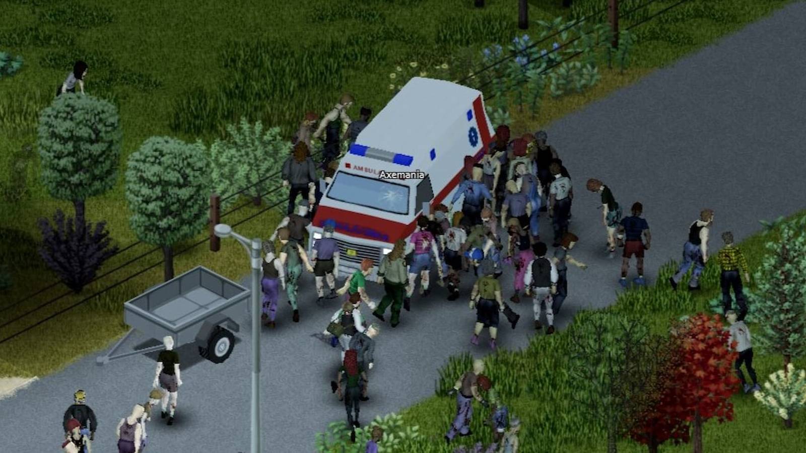 A swarmed ambulance in Project Zomboid