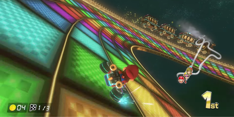 Gameplay of Rainbow Road from Mario Kart 8 with a Flying Train in the Background 