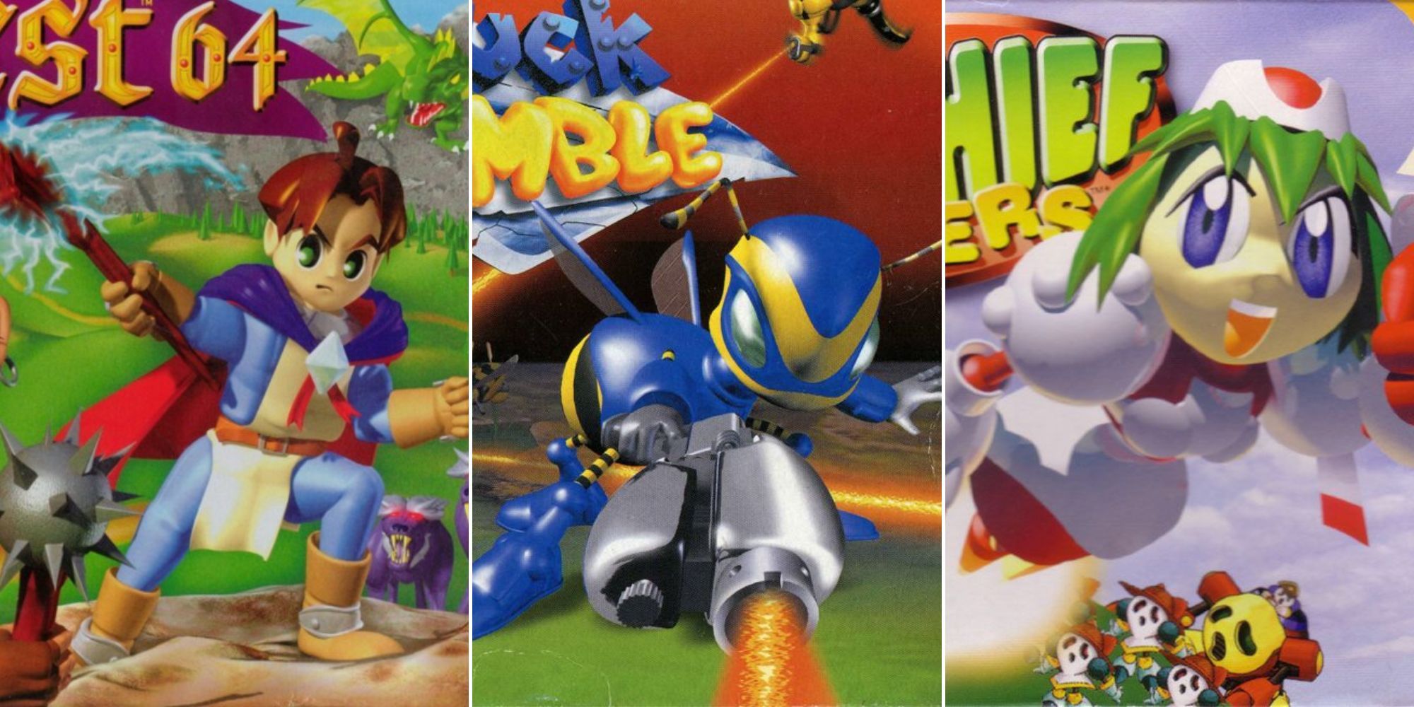 A collage of covers from 3 great games that are only available on Nintendo 64: Quest 64, Buck Bumble and Mischief Makers.