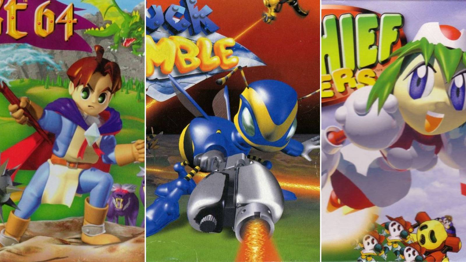 A collage of covers from 3 great games that are only available on Nintendo 64: Quest 64, Buck Bumble and Mischief Makers.