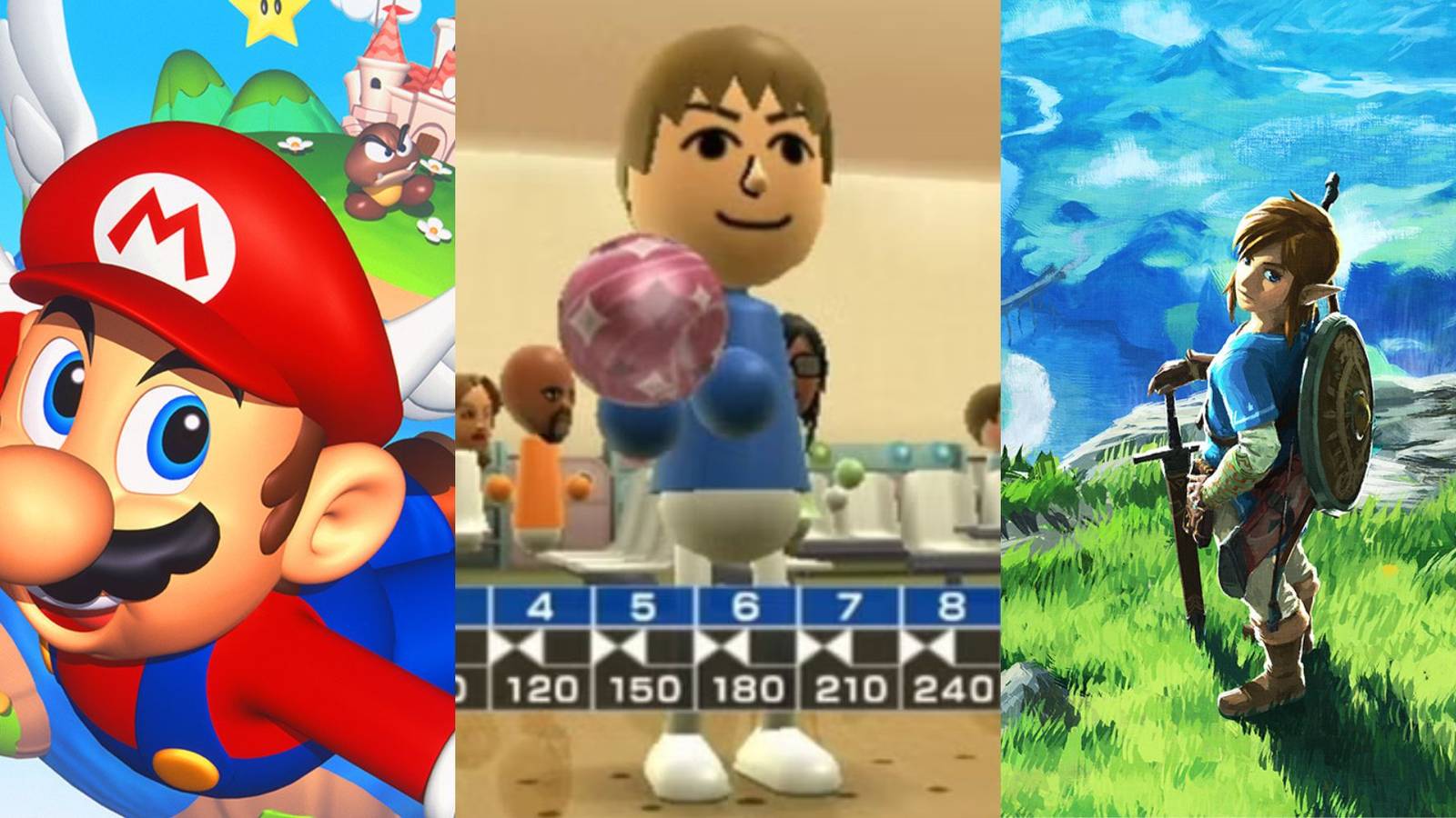 A collage of succesful Nintendo launch titles: Super Mario 64, Wii Sports and Legend of Zelda: Breath of the Wild