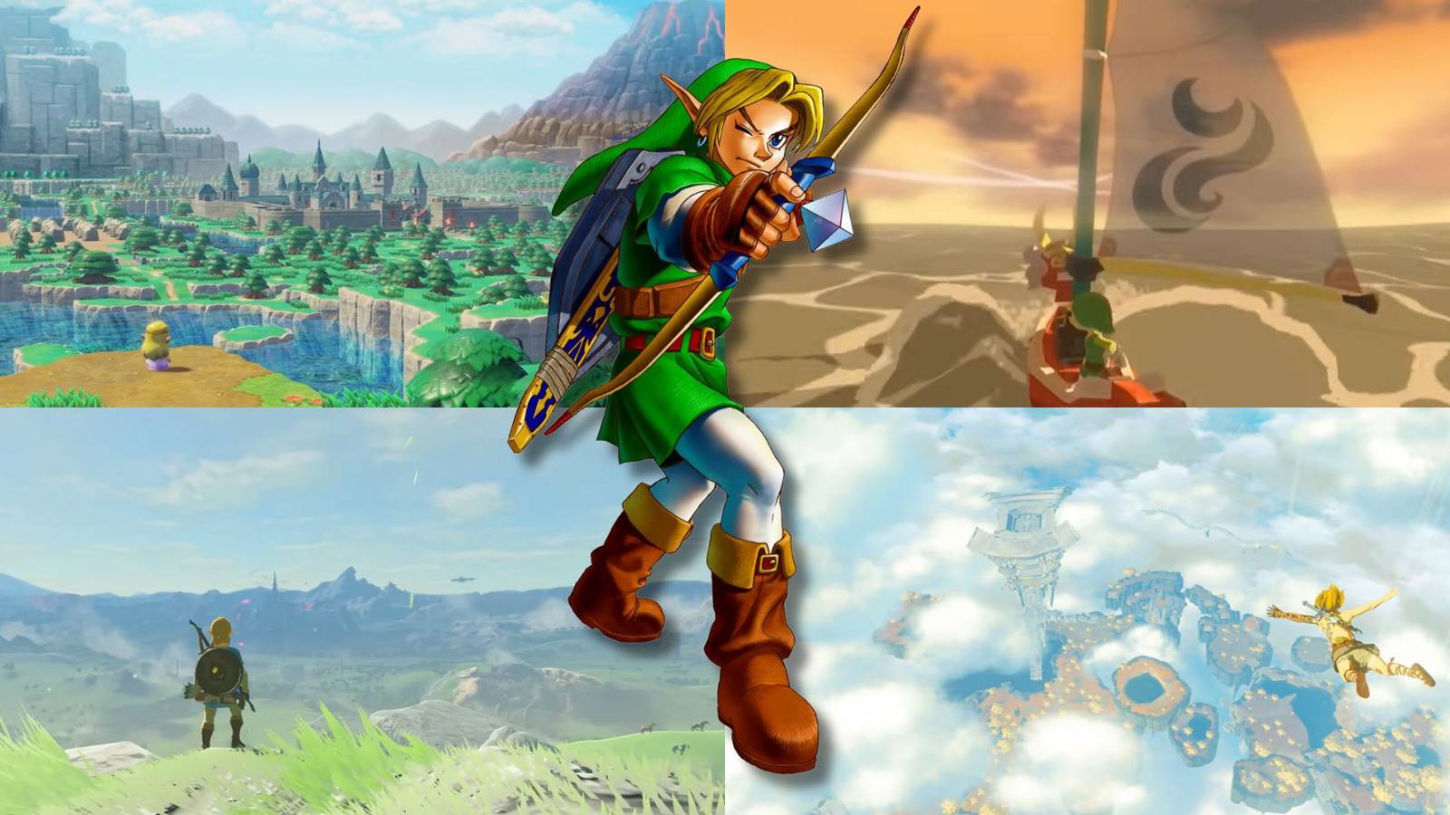A collage of 4 versions of Hyrule in 4 Legend of Zelda games: Echoes of Wisdom, The Wind Waker, Breath of the Wild and Tears of the Kingdom.