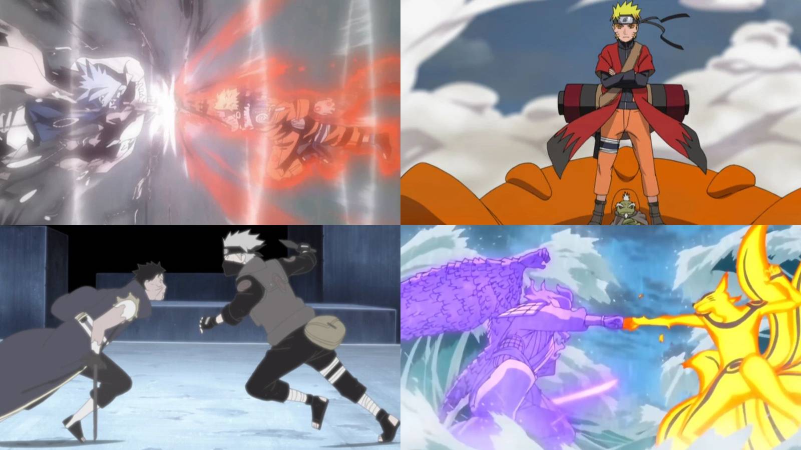 A collage of 4 of the most cinematic fights in all of Naruto: Naruto vs. Sasuke, Naruto vs. Pain, Kakashi vs. Obito and Naruto vs. Sasuke (Final)