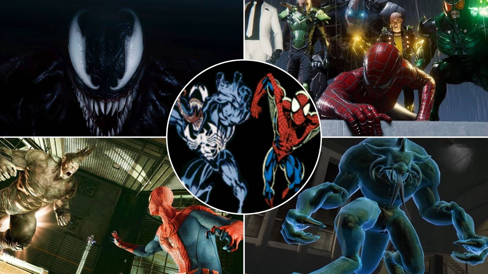 A collage of 5 Spider-Man villains across 5 different games: Venom & Spidey, Venom, Lizard, Rhino and the Sinister Six.