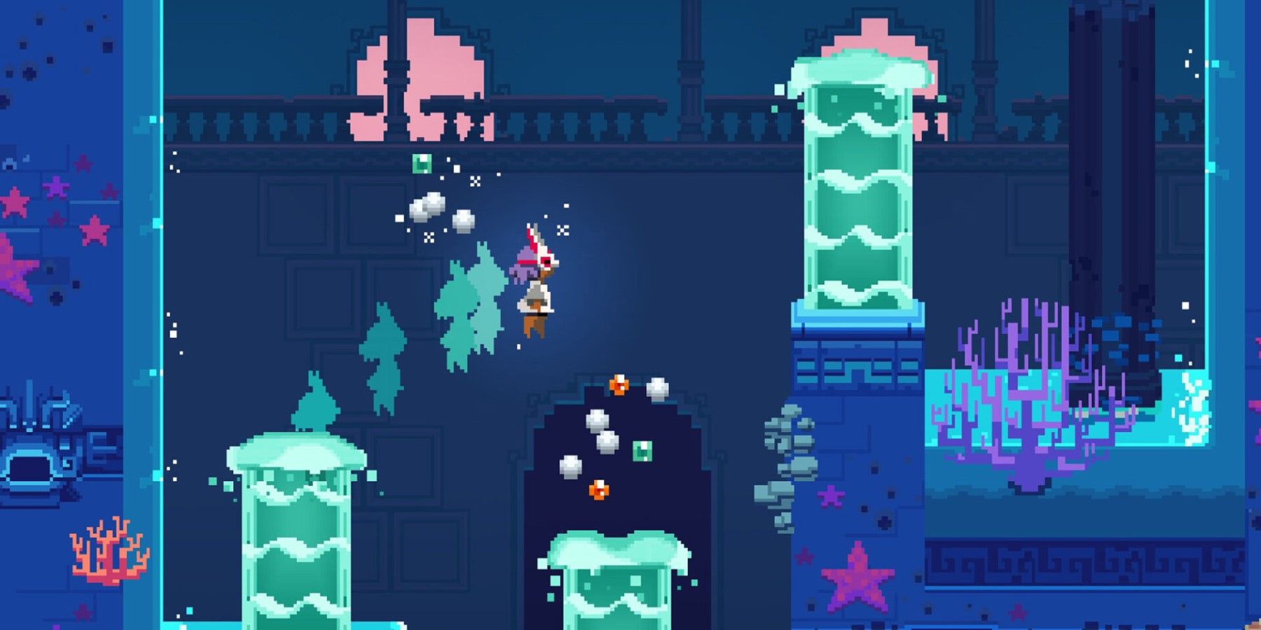 A 2D perspective Of The Protagonist Jumping Across A Blue-Tinted Cavern In Lucky Luna