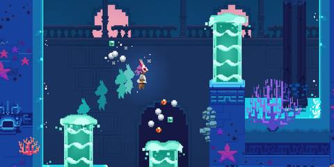 A 2D perspective Of The Protagonist Jumping Across A Blue-Tinted Cavern In Lucky Luna