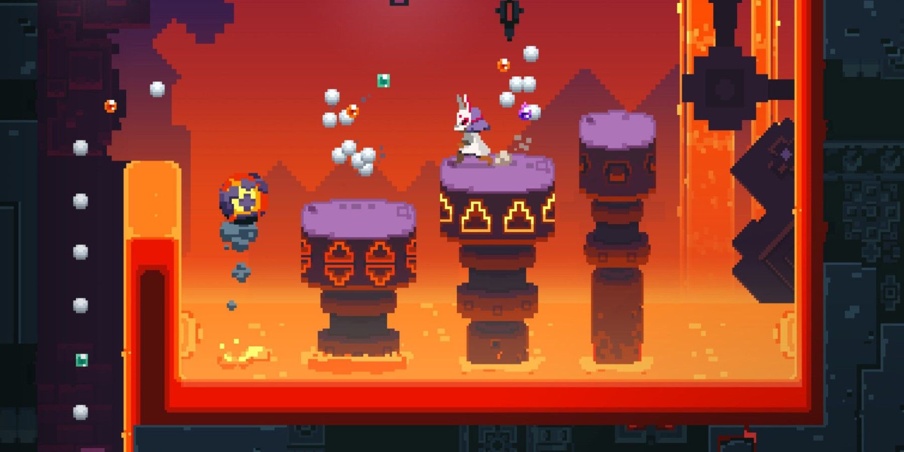 A 2D perspective Of The Protagonist Jumping Across A Lava Pit In Lucky Luna