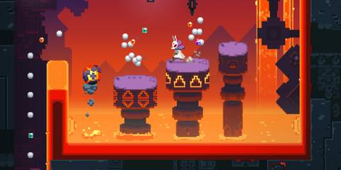 A 2D perspective Of The Protagonist Jumping Across A Lava Pit In Lucky Luna