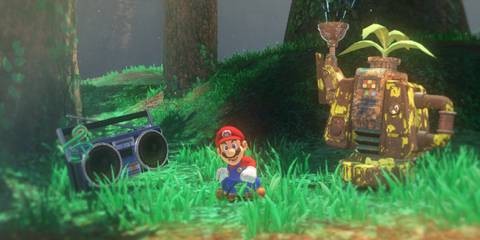 A Key Frame Showing Mario Dancing Next To A Boombox In Super Mario Odyssey