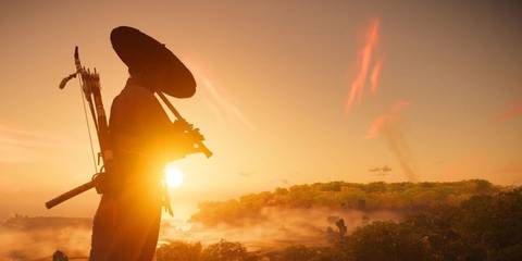 A Key Frame Showing The Player Playing A Flute-Like Instrument In Ghost Of Tsushima