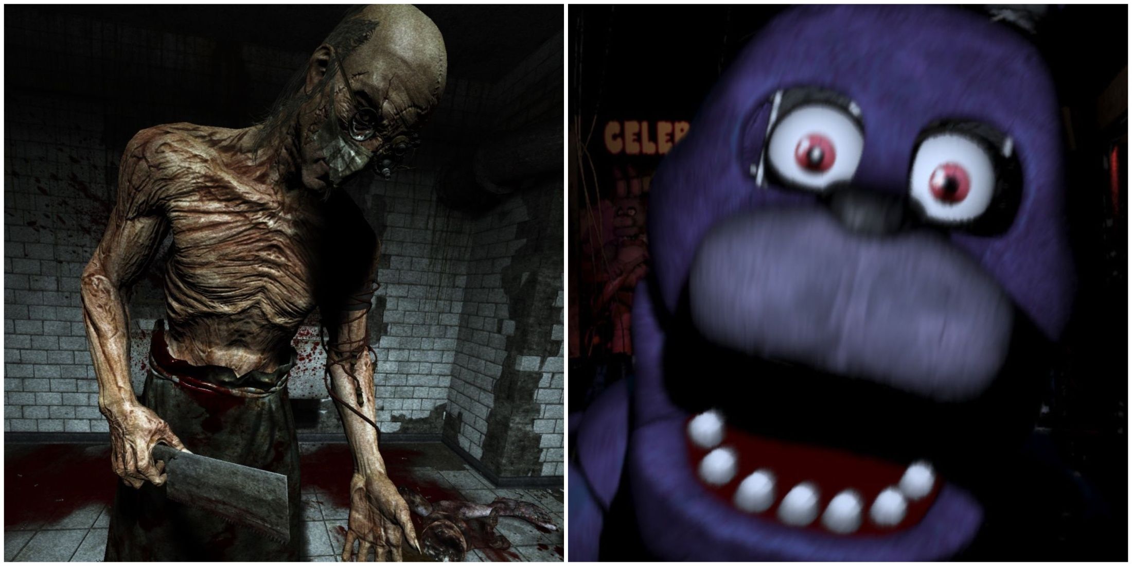 A man wielding a cleaver in Outlast and an animatronic in Five Nights at Freddys