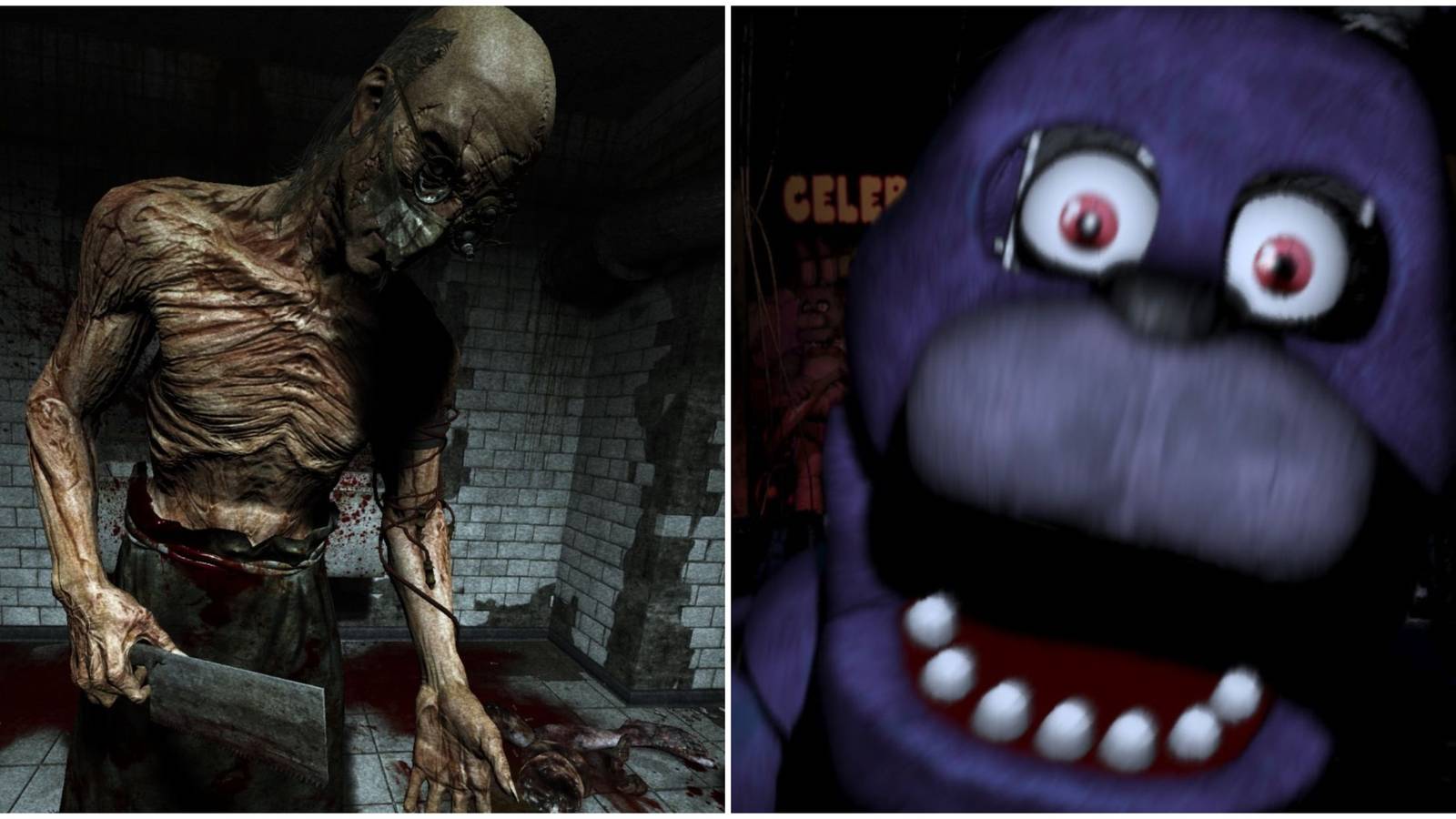 A man wielding a cleaver in Outlast and an animatronic in Five Nights at Freddys