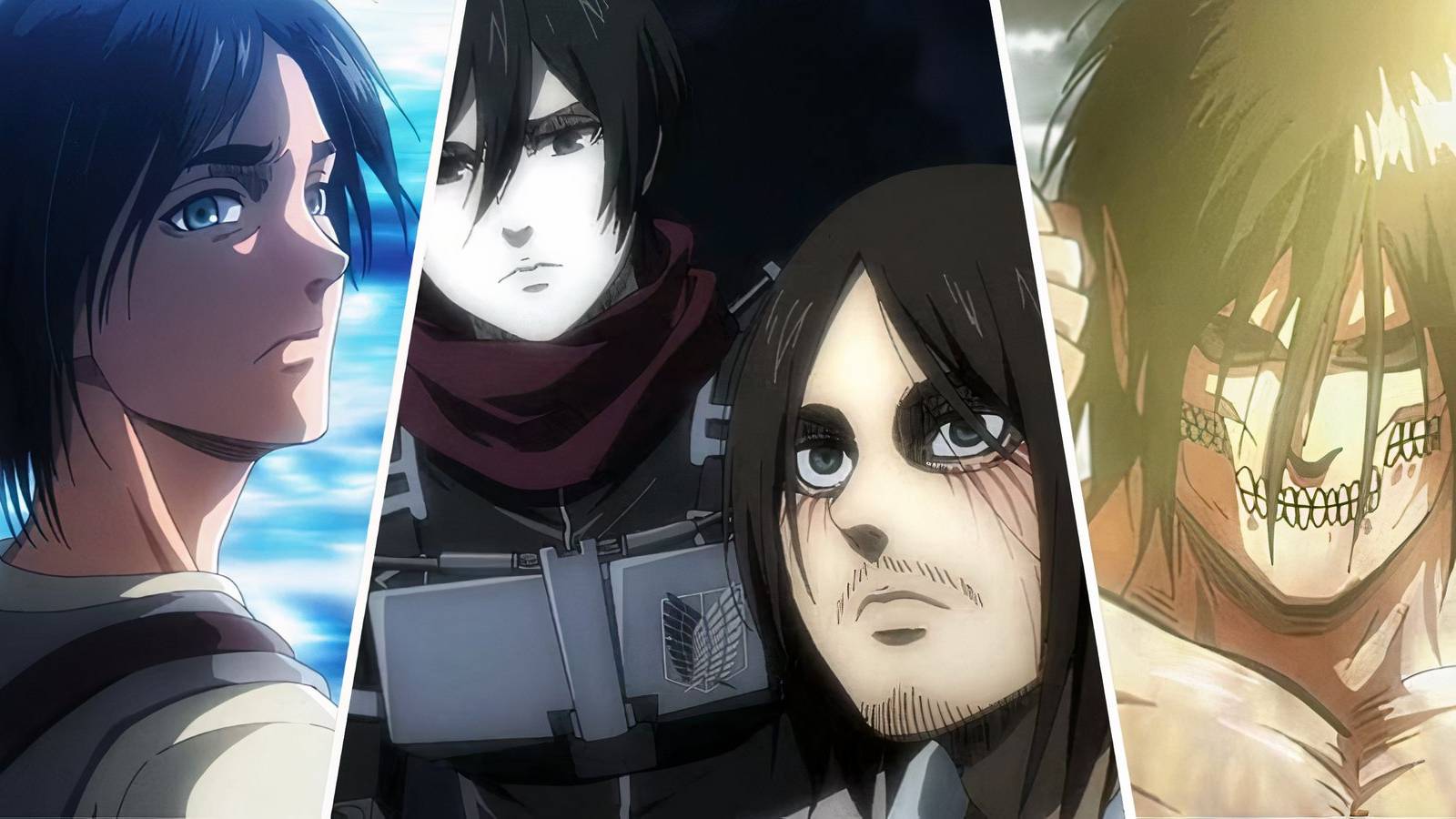 A split image of a younger  Eren , Mikasa talking to Eren and Eren in his titan form 