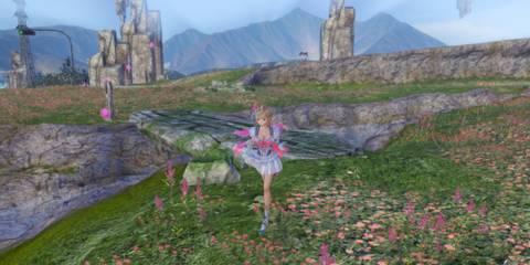 A vibrant meadow setting with a character exploring in Blue Reflection, a jrpg in school settings