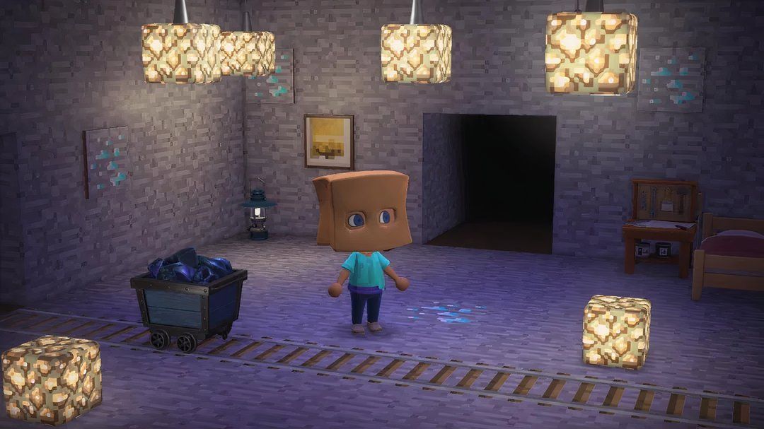 A Minecraft-inspired room in Animal Crossing: New Horizons