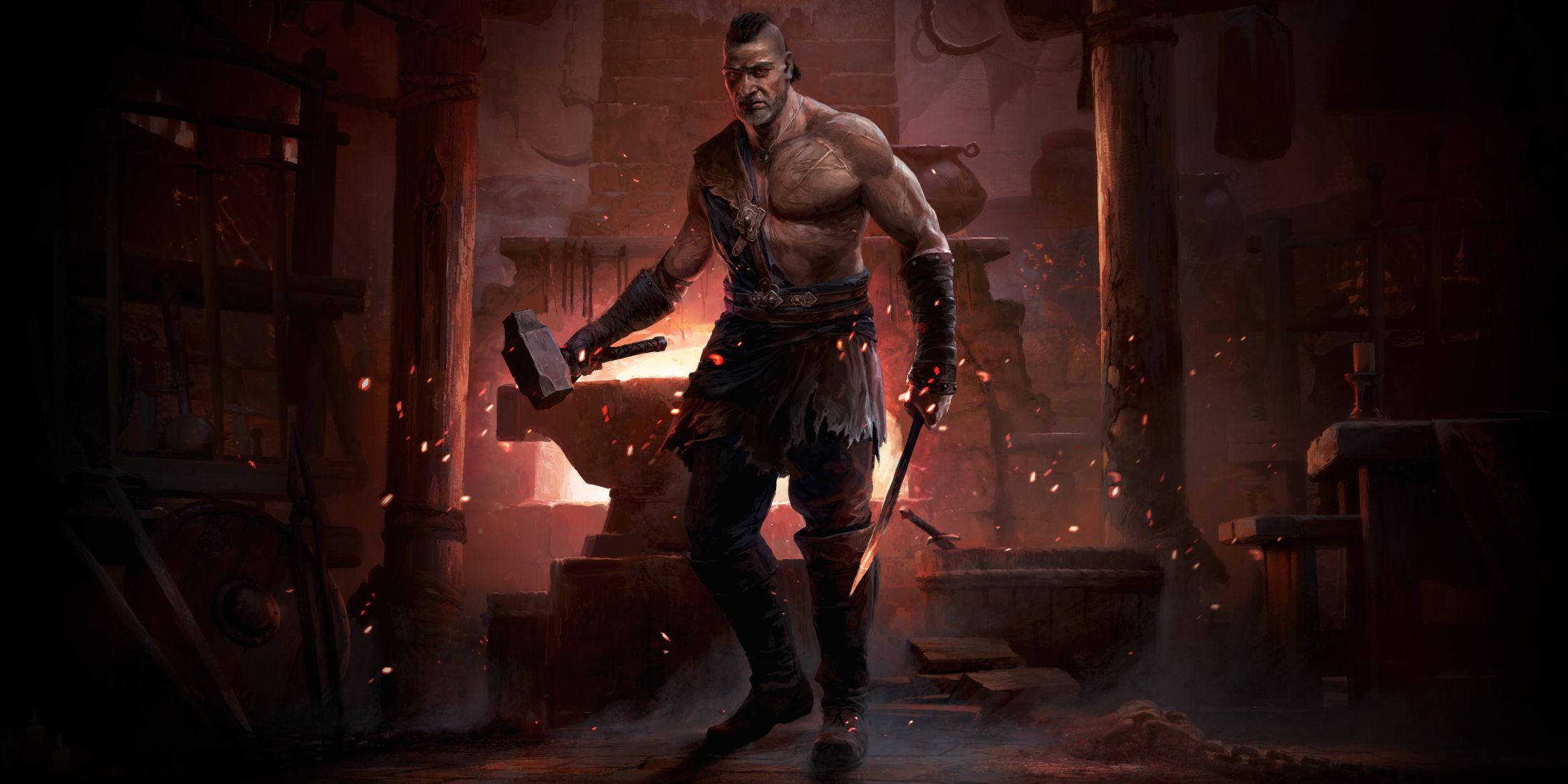 Artwork of the Warrior in Path of Exile 2 forging weapons in a fiery blacksmith workshop