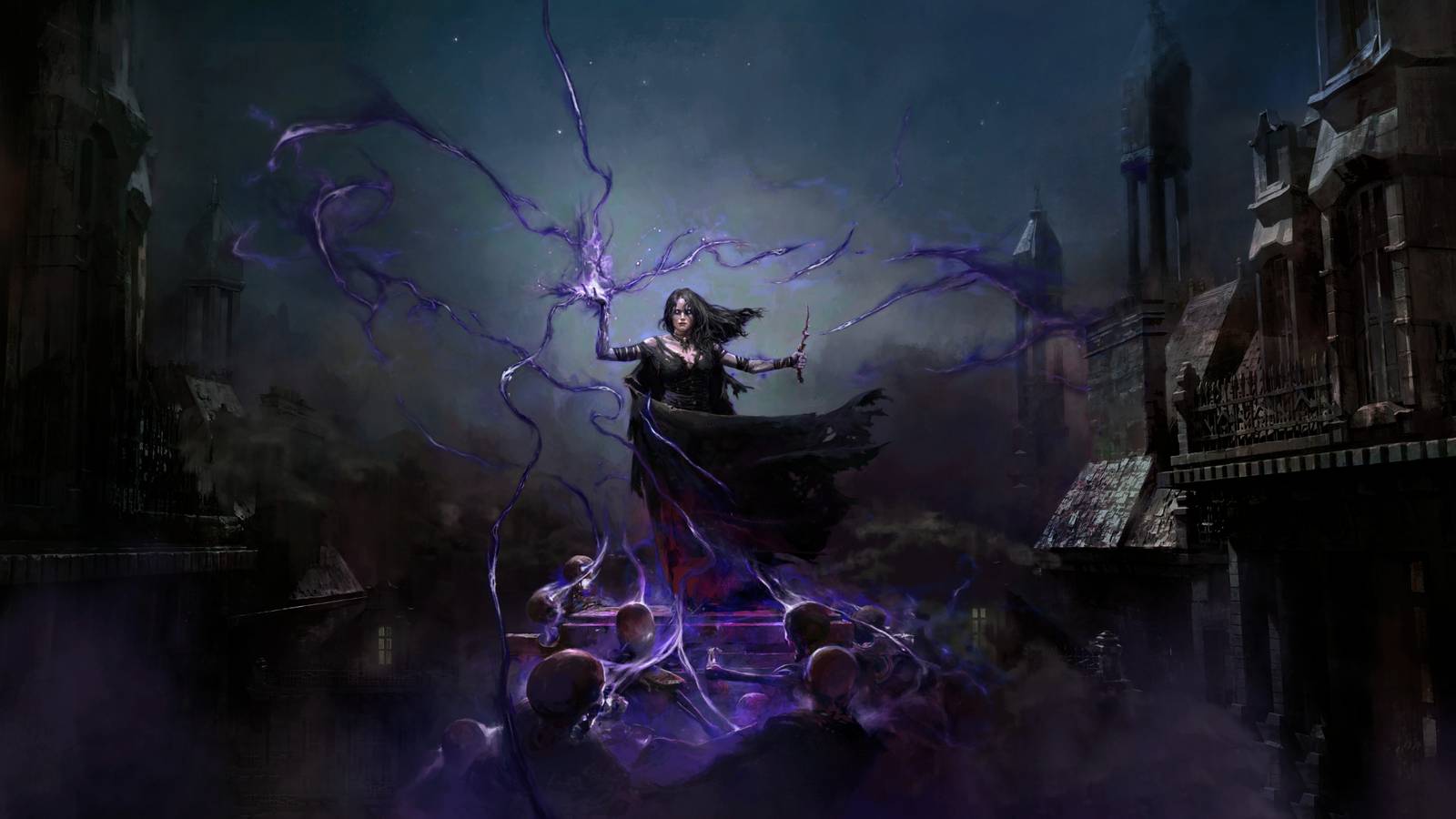 Artwork of the Witch in Path of Exile 2 wielding dark magic against multiple foes in a gothic city