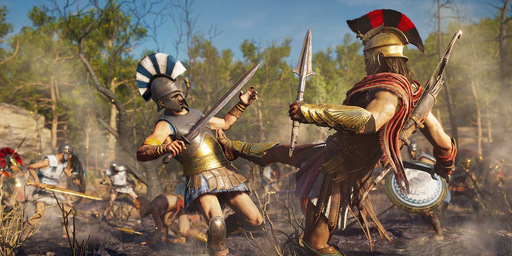 Alexios executing a Spartan Kick in Assassin's Creed Odyssey