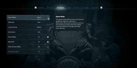 Setting menu in Assassin's Creed Odyssey showcasing Guided vs Exploration Mode